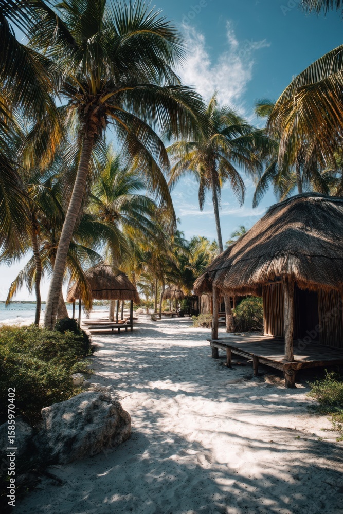 Fototapeta premium Serene summer stroll among palm trees by the beach in Mexico
