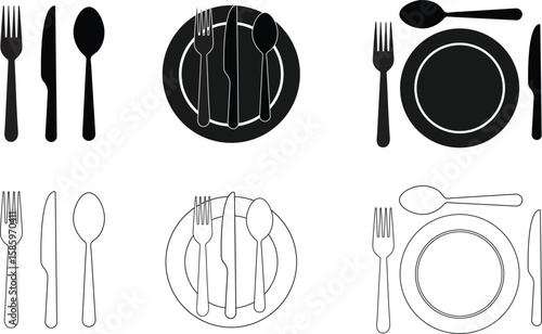 Elegant cutlery and plate silhouette  icons set-Minimalist tableware line art for Restaurant, cafe,  Menu design 