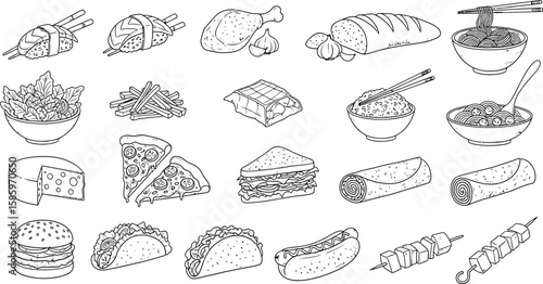 Delicious culinary collection showcases various food options in sketch style