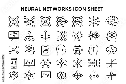 Iconic Neural Network Sheet: A comprehensive collection of minimalist line icons, showcasing the intricate concepts of neural networks and artificial intelligence.