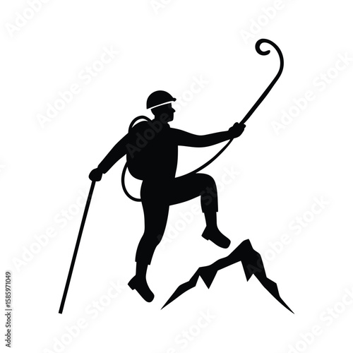 Silhouette of mountain climber with gear on steep ascent showing strength and courage on white background