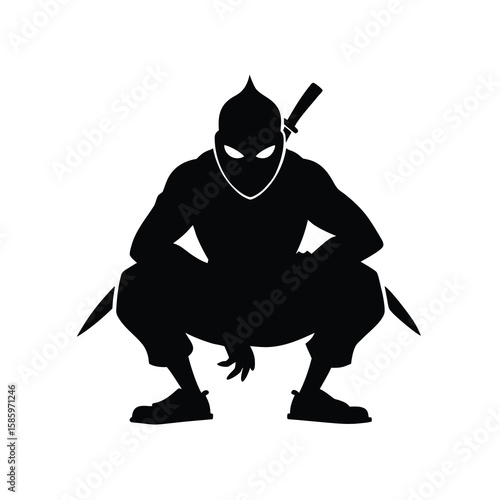 Silhouette of crouching ninja with weapon in stealth action pose with white background