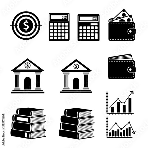 Black and white financial and educational icons arranged on white background