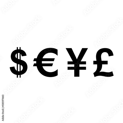 Isolated black currency symbols dollar euro yen and pound on white background