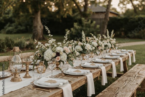Elegant outdoor wedding table setting with white floral centerpieces and gold accents for romantic garden reception and luxury event planning

