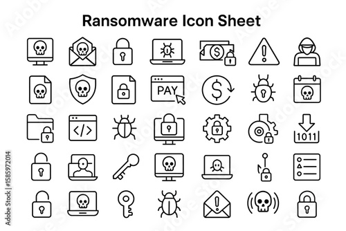 Ransomware Icon Sheet: A comprehensive graphic set illustrating the perils of ransomware, offering a visual guide to various cybersecurity threats.