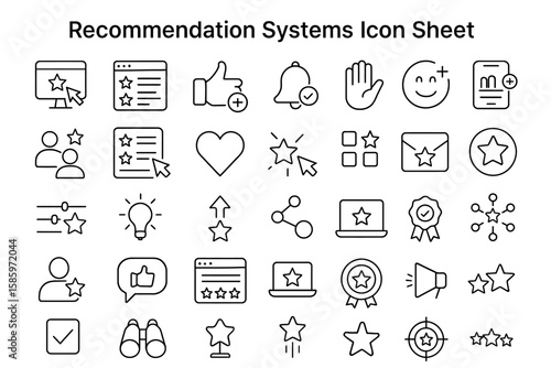 Recommendation System Icon Sheet: An illustrative representation of various icons associated with recommendation systems, offering a clear visual guide for digital interfaces. 