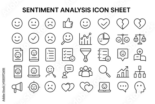 Sentiment Analysis Icon Sheet: A comprehensive collection of line icons representing various aspects of sentiment analysis, including emojis, feedback forms, charts and graphs.
