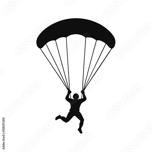 Parachute jumper silhouette floating in sky with open parachute on white background
