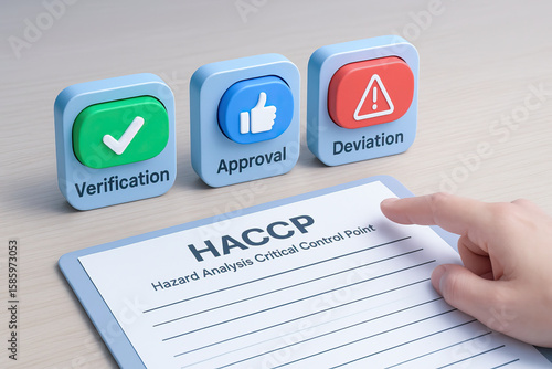 Hazard analysis critical control point document with verification, approval, and deviation icons, and hand pointing at paper on wooden surface