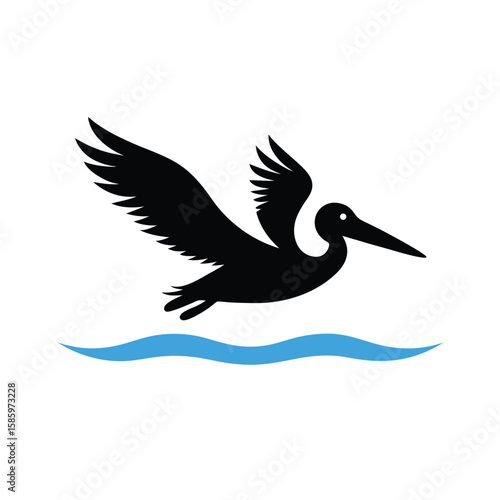 Silhouette of pelican gliding above water surface with wings open on white background