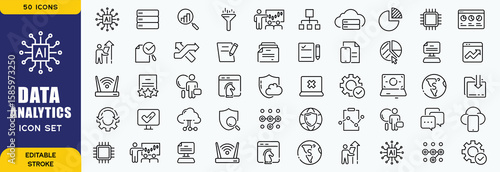 Data analytics icon set. Big data analysis technology symbol. Containing database, statistics, analytics, server, monitoring, computing and network icons