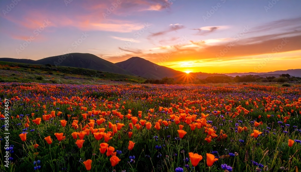 Fototapeta premium Sunset over a vibrant flower field