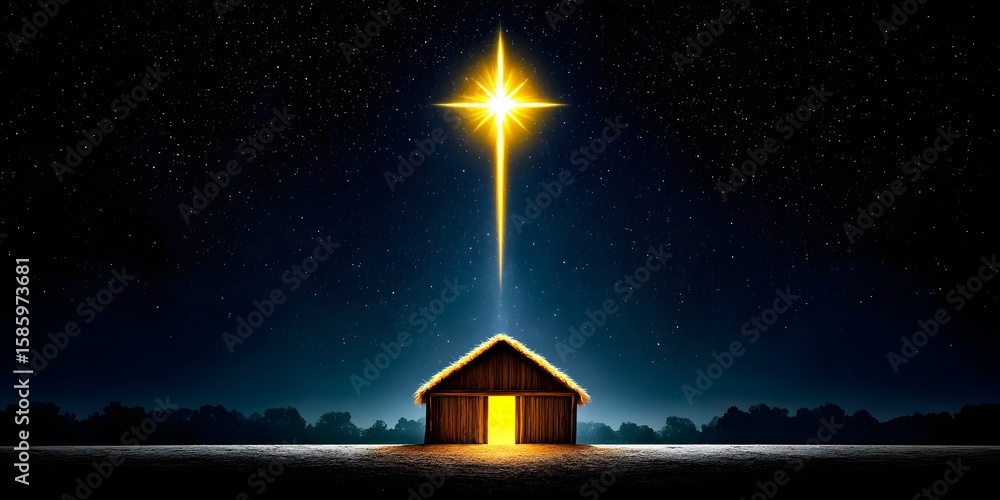 Fototapeta premium Nativity Scene Star of Bethlehem Shining Over Empty Manger in Night Landscape