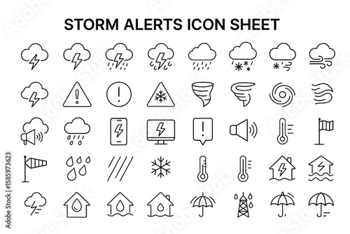 Storm Alerts Icon Sheet: A comprehensive set of monochrome icons detailing various weather phenomena, warning signs, and safety alerts in a graphic resource.