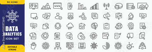 Set of 50 outline icons related to data analytics. Linear icon collection. Editable stroke. Vector illustration