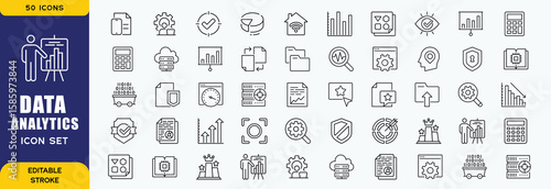 Set of 50 outline icons related to data analytics. Linear icon collection. Editable stroke. Vector illustration