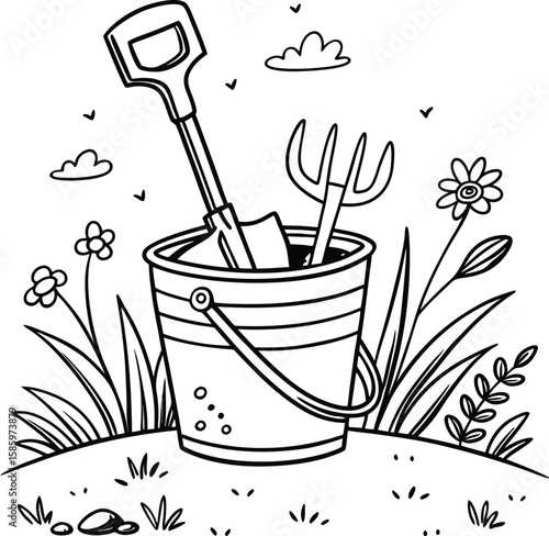 Hand-drawn green gardening tool set with plant and flower equipment isolated on white