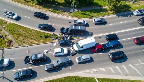 Aerial view of a multi-vehicle accident