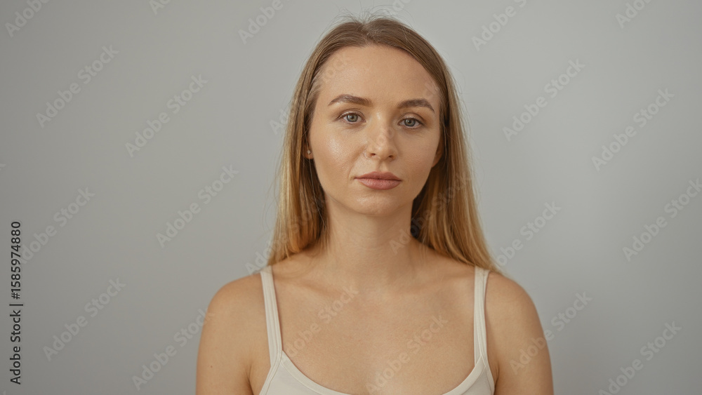 Fototapeta premium Woman posing isolated on a white background with blonde hair and neutral expression, showcasing beauty and elegance in a simple, calm studio setting.