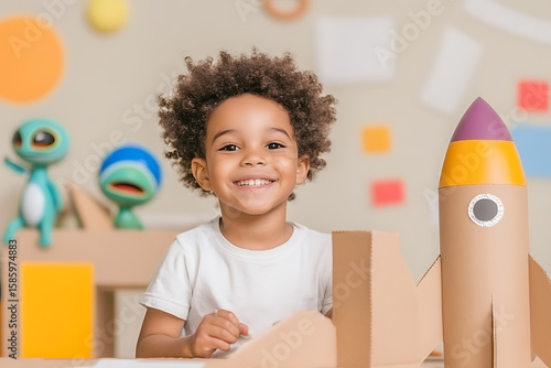 Fototapeta Naklejka Na Ścianę i Meble -  Smiling boy playing with cardboard rocket ship and alien figures. He's happy and creative, lost in his imagination. Making toys is so fun!