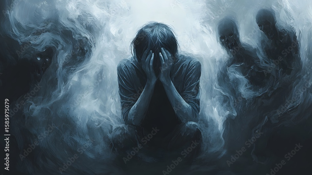 Obraz premium A person grappling with emotional turmoil in a shrouded atmospheric setting