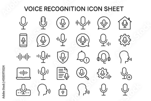 Voice Recognition Icon Sheet: A comprehensive collection of various icons representing diverse aspects of voice recognition technology, encompassing different functions and applications in a clear.