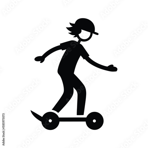 Silhouette of rider on hoverboard leaning and moving in balance on white background