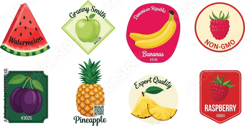 Fresh fruit stickers feature watermelon, apple, banana, raspberry, plum, and pineapple.