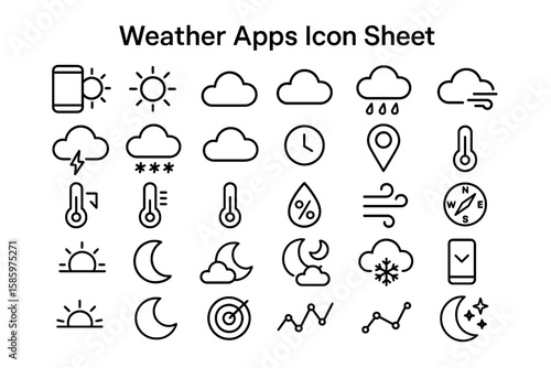 Weather App Icons: A comprehensive collection of minimalist line-art icons representing various weather conditions and forecasting elements, providing a clear and intuitive visual language.