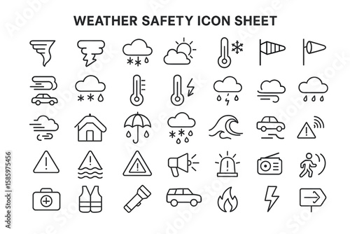 Weather Safety Icon Sheet: A comprehensive collection of weather-related icons for use in safety information. Each icon is designed with clear, concise line art.