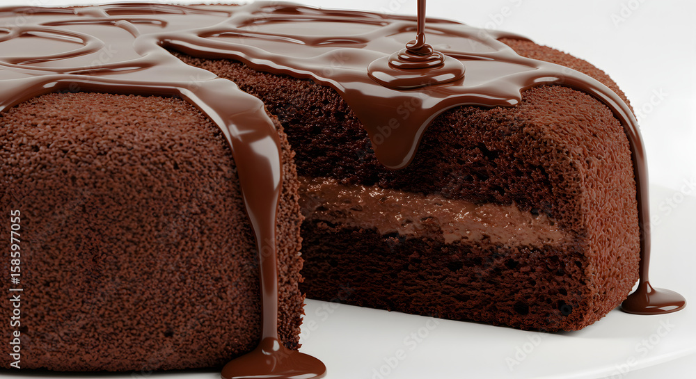 Obraz premium Close-up of decadent chocolate cake with rich texture and dripping sauce – indulgent and tempting dessert image perfect for pastry branding, sweet cravings, menus, and food photography