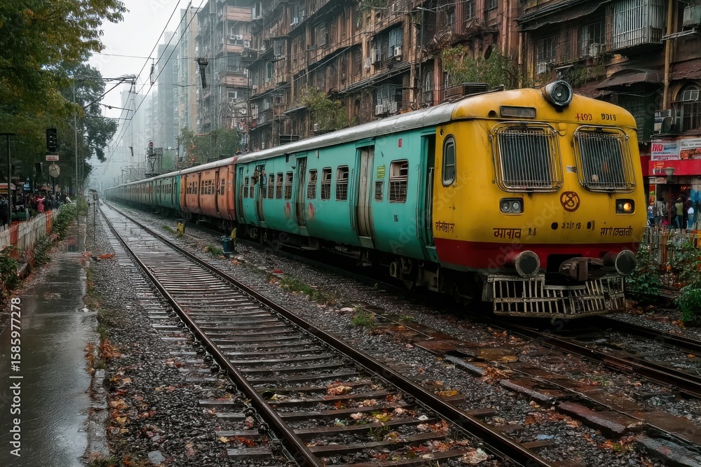 Naklejka premium Mumbai local train glides through monsoon, capturing the city's vibrant spirit