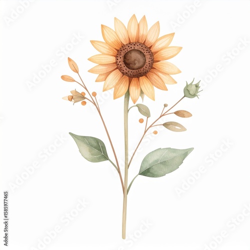 Watercolor Sunflower With Brown Center And Green Leaves