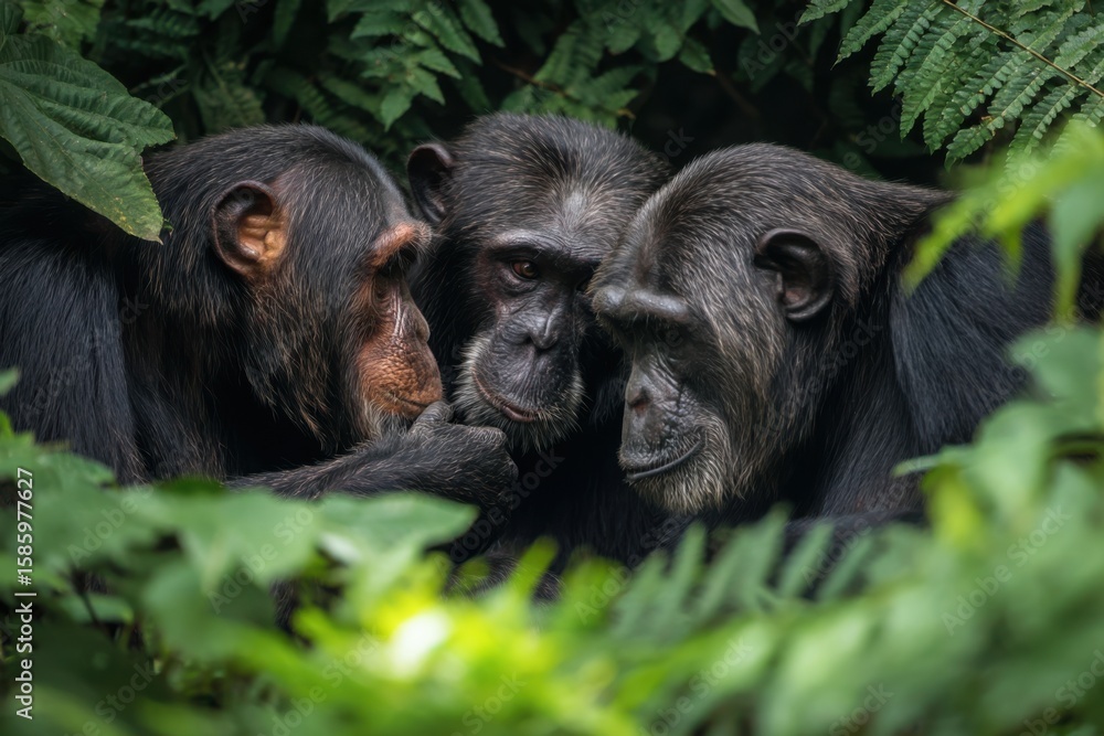 Chimpanzees engage in social grooming beneath lush green foliage in their habitat Chimpanzees engage in social grooming beneath lush green foliage in their habitat