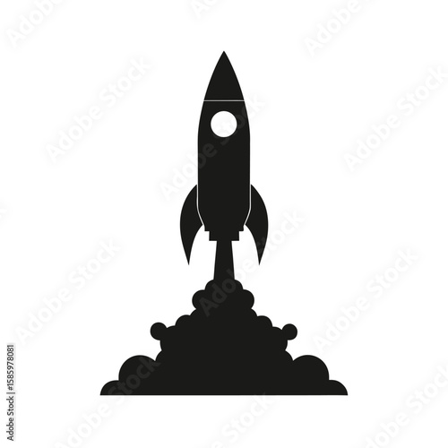 Silhouette of rocket launching with smoke trail on clear white background  