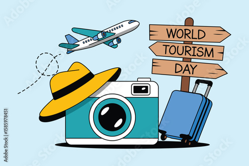 Airplane camera hat and suitcase near world tourism day sign