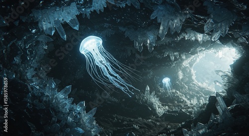 Wallpaper Mural Glowing jellyfish gracefully swim through a crystal cave, showcasing natural wonders and ethereal beauty. Torontodigital.ca