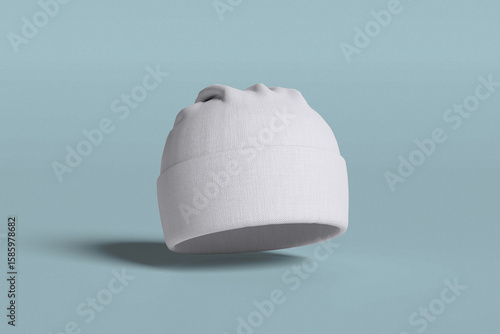 Blank white beanie cap mock up, isolated, depth of field, High Resolution 3d rendering. for mockup. Clear fashion tuque for cold weather template.