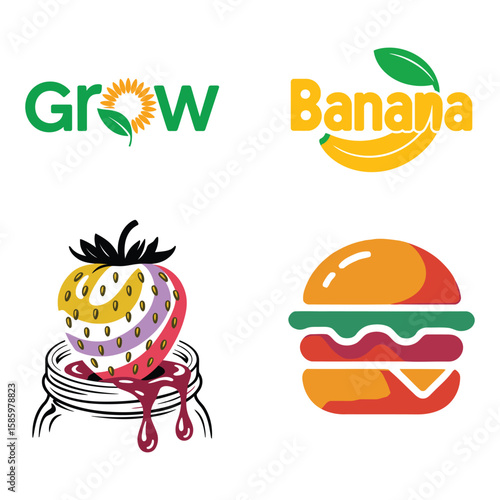 Four colorful food and nature logos including Grow sunflower Banana strawberry jam and hamburger