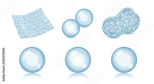 Collection of various translucent shapes with bubble like textures and oval forms displayed on white surface
