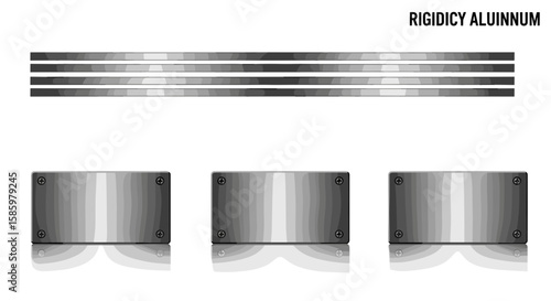 Illustration of three metal plates with screws under a row of metal bars on a white background