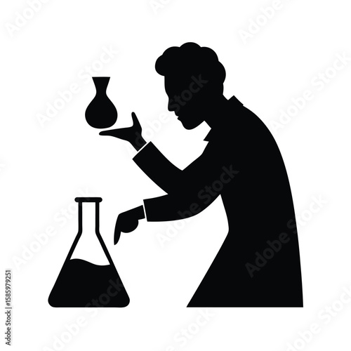 Silhouette of scientist working with flask in lab on white background  