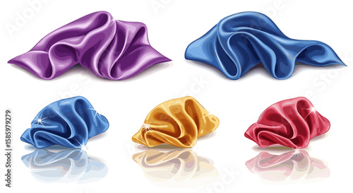 Illustration of five colorful shiny draped cloths in purple blue yellow and red on a white background