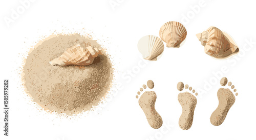 Seashells and footprints in sand with a pile of sand and a seashell on top in a beach themed image