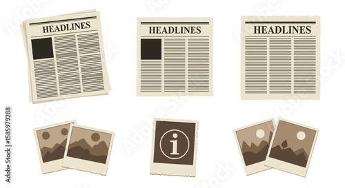 Collection of newspapers with headlines and photos with landscapes and information symbol image