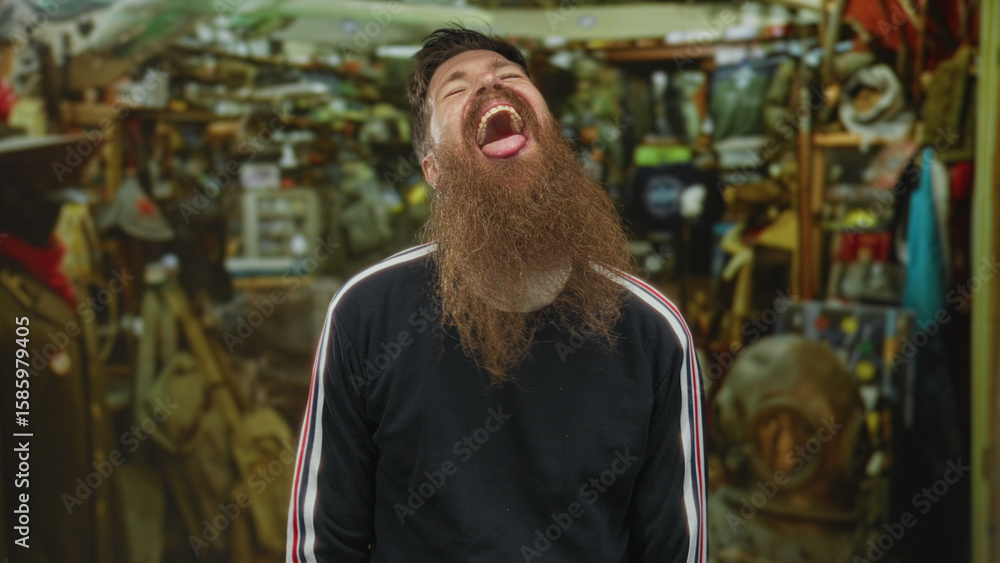 Fototapeta premium Young caucasian man with long beard sticks out tongue amid racks of tools in cluttered hardware shop building; amusement.