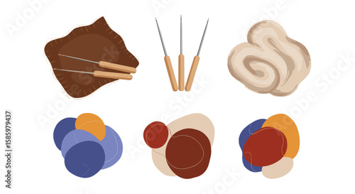 Collection of crafting tools including needles clay and abstract shapes on a white background art piece