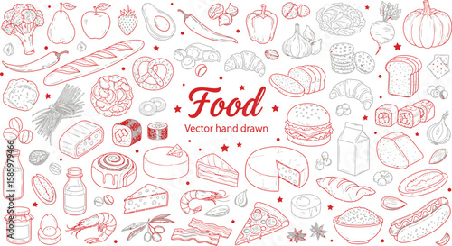 Delightful collection of various hand drawn food items