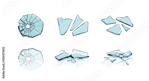 Illustration showing six arrangements of shattered glass pieces against a white background surface
